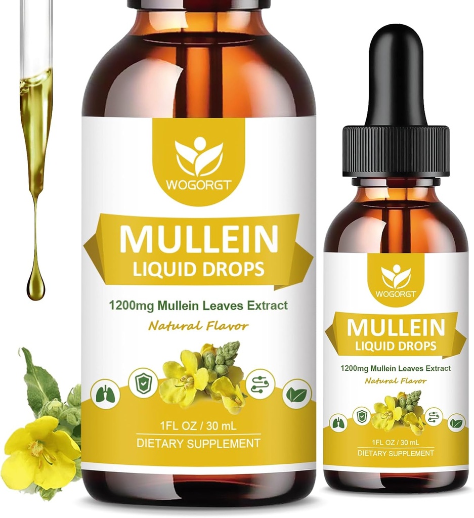 4-in-1 Mullein Blätter Extrakt Tropfen für Lunge - Atemunterstützung und Lunge reinigen, Mullein Liquid Ergänzungen mit Elderberry, Marshmallow Root & Orange Peel, Natürliche Geschmack, 1 Fl Oz (2 Packung)