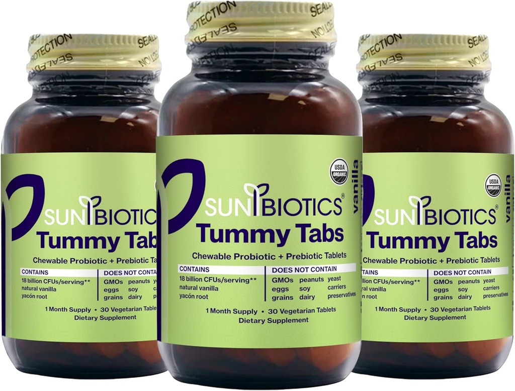 SUNBIOTICS Tummy Tabs - Kaubare probiotische und präbiotische Tablets mit 18 Billion CFUs von 4 probiotischen Strainen für Gut Flora, Immunsystem, & Balanced Microbiome - Vanilla, (Pack von 3)