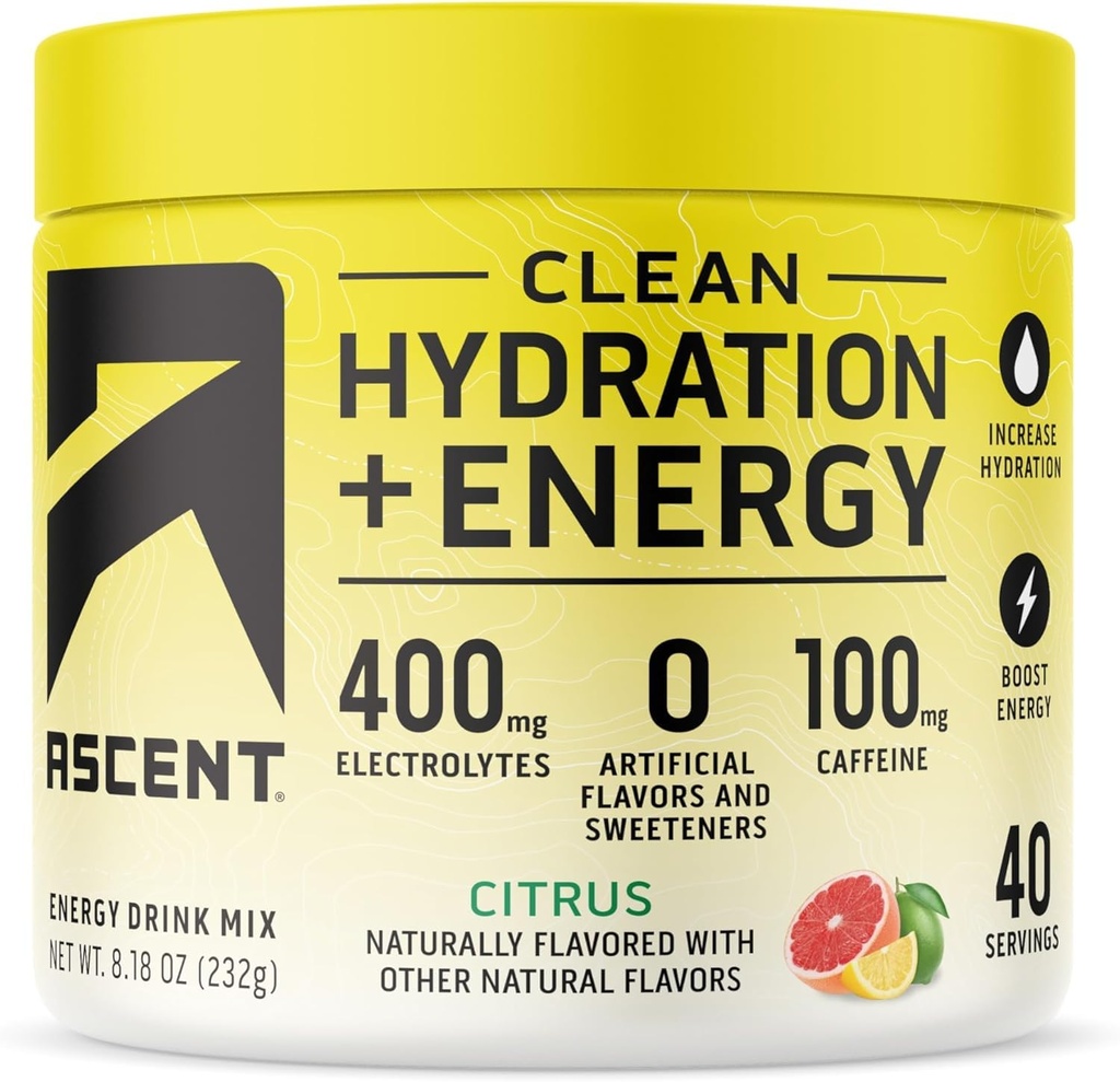 Ascent Clean Hydration + Energy Electrolytes Powder - 100mg Koffein, 400mg Elektrolyte, keine künstlichen Inhaltsstoffe, Citrus 40 Servierungen