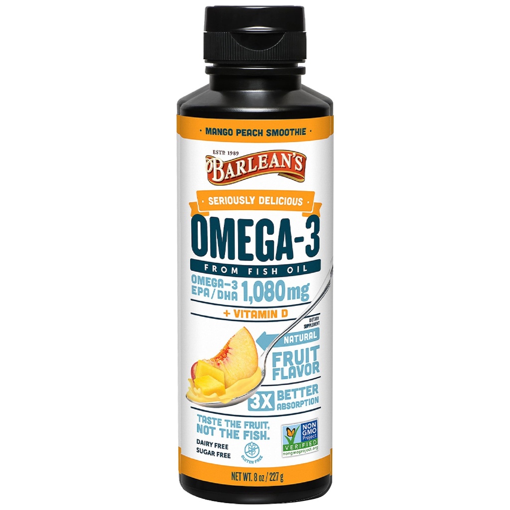 Barleans Omega 3 Fish Oil Liquid Supplement mit Vitamin D für Männer und Frauen, Mango Peach, 1080mg EPA und DHA Fettsäure, 8 oz