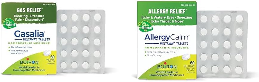 Boiron Gasalia Tabletten 60 Graf und AllergyCalm Tabletten 60 Graf für Entlastung von Gas, Bloating, Allergien und Hay Fever