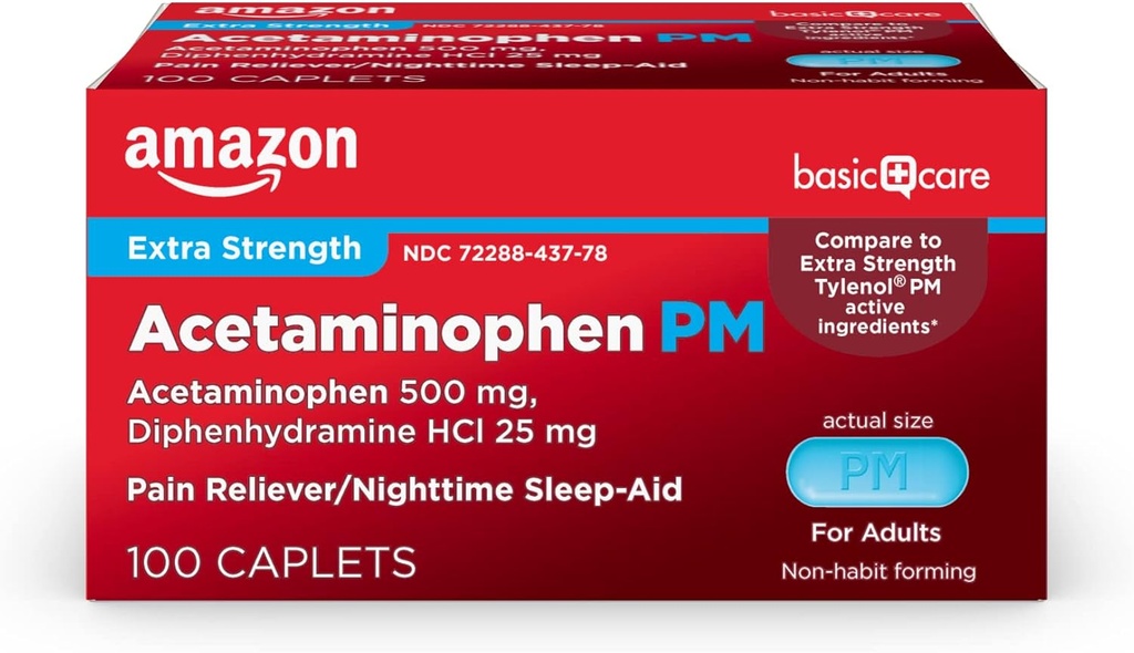 Basic Care Acetaminophen PM Caplets, Schmerz-Reliever Plus Nacht-Schlaf-Hilfe, Extra-Stärke, Hilft Freizeit Minor Aches, Schmerzen und Kopfschmerzen Relief, 100 Count, Verpackung kann variieren