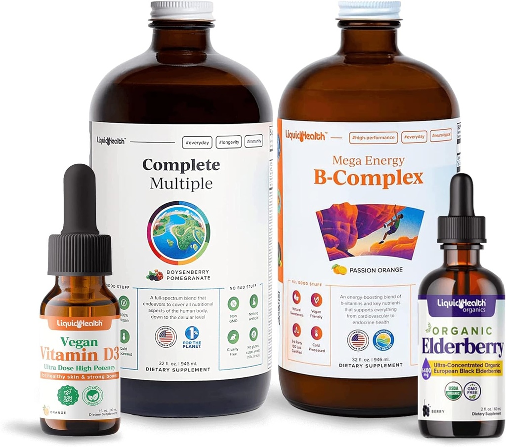 LIQUIDHEALTH Ultimate Immunity & Energy Liquid Vitamin Bundle für Erwachsene mit komplettem Multivitamin, Energie-Unterstützung B-Komplex-Ergänzung, Vegan Vitamin D3 Tropfen, Organische Elderberry Tropfen - Non-GMO
