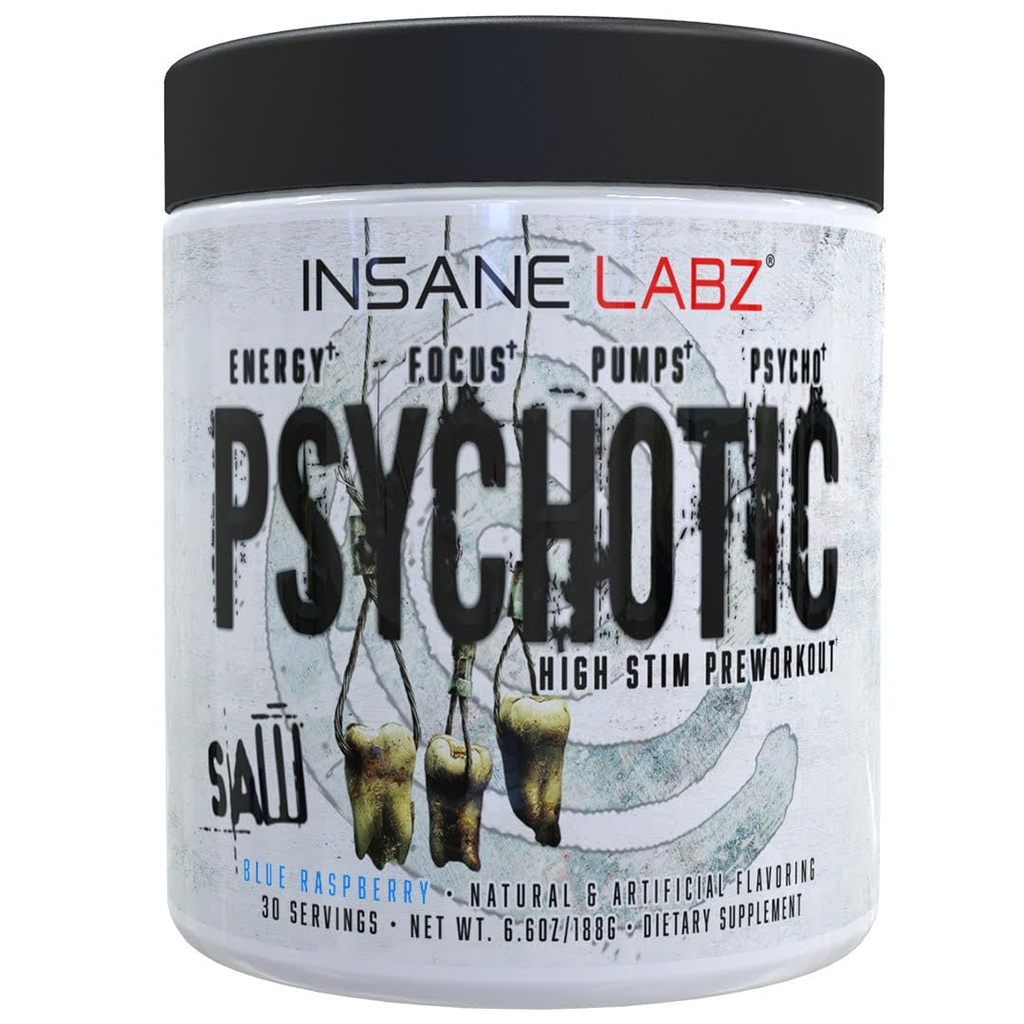 Insane Labz Psychotic SAW, High Stim Pre Workout Pulver mit OxyGold-TM und AMPiberry®,Extreme Lasting Energy mit Teacrine®,Focus mit CognitIQ® und Endurance (30 Servings (Pack of 1), Blue Raspberry)