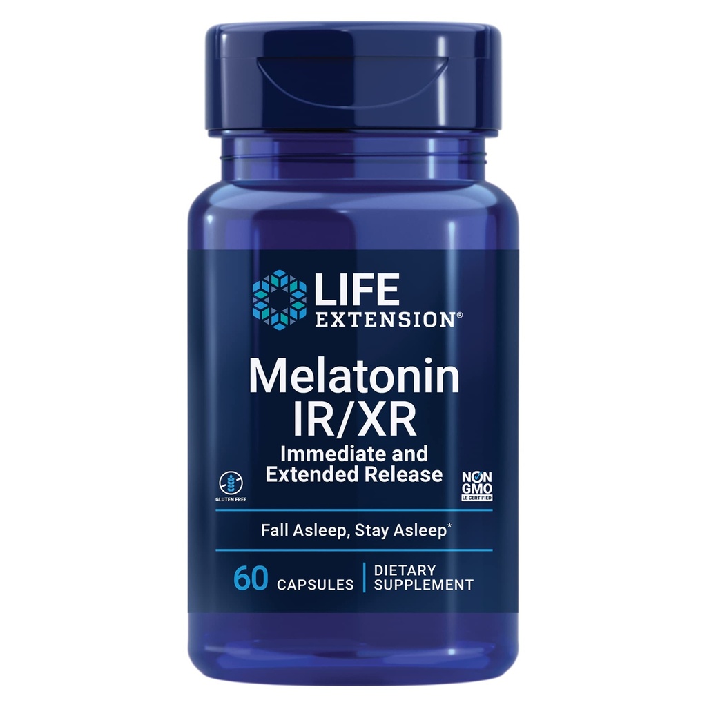 Life Extension Melatonin IR/XR, 1,5 mg, Sofort- und Extended-Release-Formel für optimale Schlafunterstützung, Gesunde circadian Rhythmen, Cellular Defense, Glutenfrei, Non-GMO, 60 Kapseln