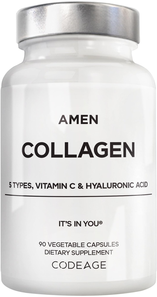 Amen Multi Collagen Peptide Kapseln mit Hyaluronsäure und Vitamin C - 5 Arten von Collagen Protein Typ I, II, III, V, X - Grass Fed hydrolysiert - 18 Aminosäuren - Collagen Supplement - 90 Pillen