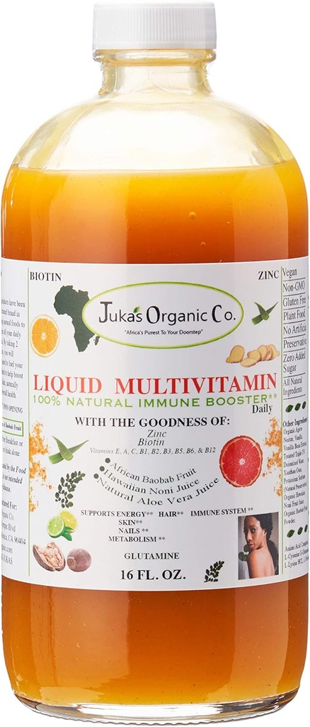 Juka's Organic Co. Liquid Multivitamin for Skin | Hair | Nails with Zinc | Biotin | Baobab | Vitamin A-E |Traced Minerals, Amino Acid | Boost Immune, Energy & Digestive System in Glass Bottles 16oz