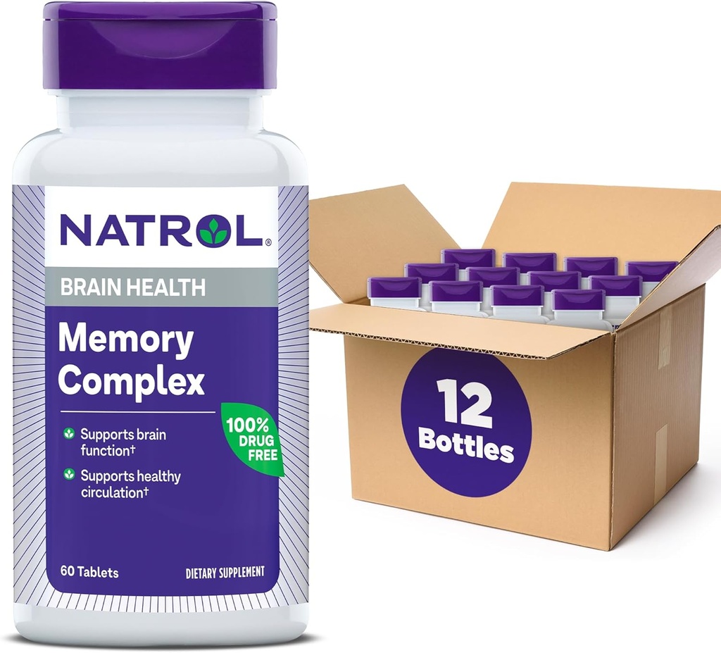 Natrol Memory Complex mit Ginkgo Biloba 120mg und B Vitamine, Nahrungsergänzung für Gehirn Gesundheit und Gedächtnis Unterstützung, 60 Tabletten, 30 Tage Versorgung (Pack von 12)