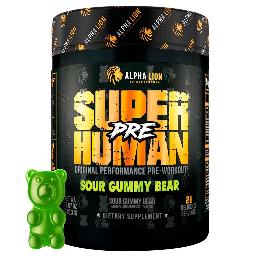 ALPHA LION Superhuman Pre Workout Powder, Beta Alanine, L-Taurine & Tri-Source Koffein für nachhaltige Energie & Fokus, Nitric Oxide & Citrulline für Pumpe (21 Servierungen, saure Gummy Bear Flavor)