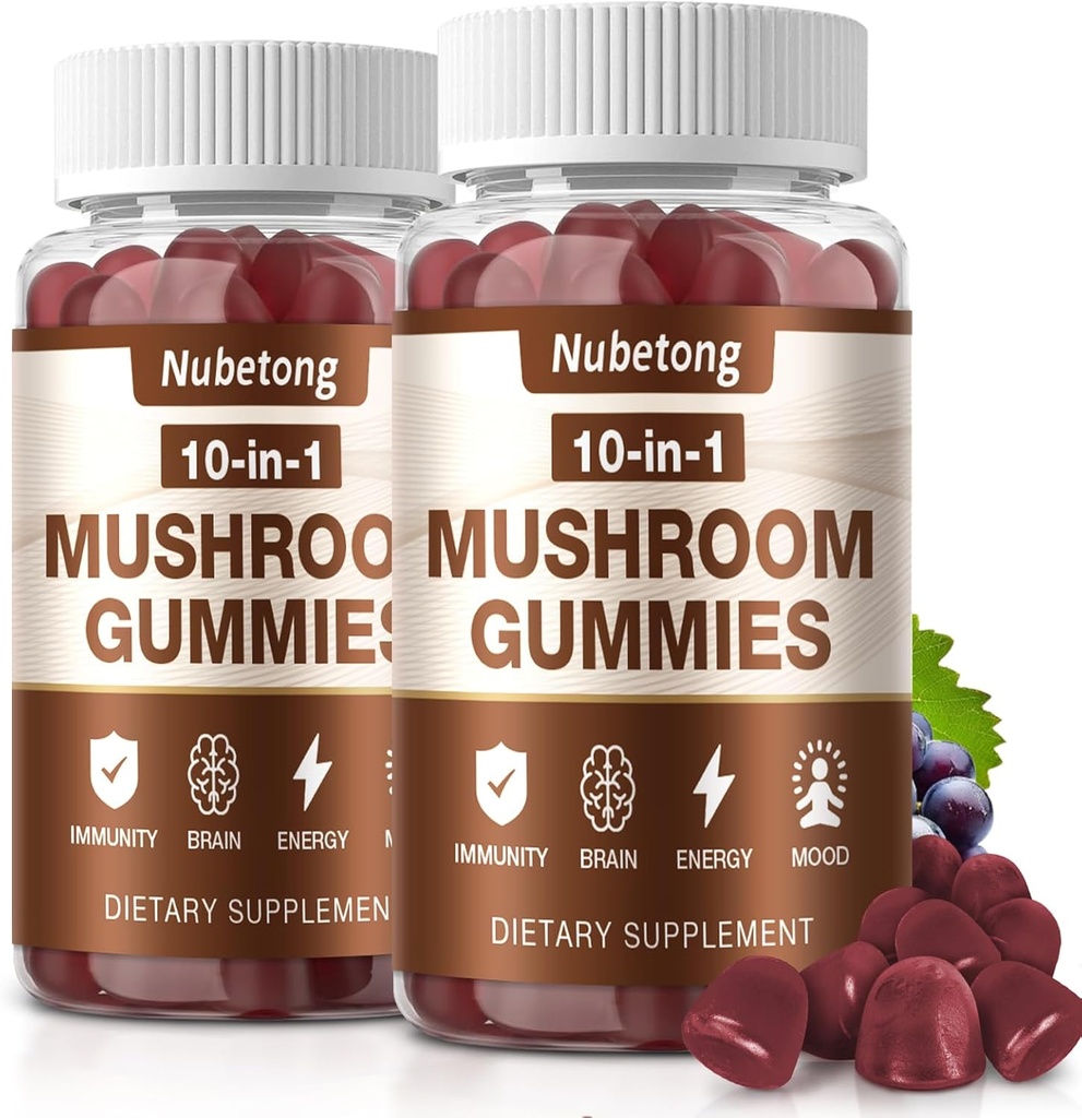 NUBETONG Mushroom Gummi - 10x Pilz-Ergänzung für Erwachsene mit Lion's Mane, Reishi, Chaga und Turkey Tail - Gehirn Booster, Immununterstützung, Stress Relief und Fokus-Unterstützung (2 Pack)