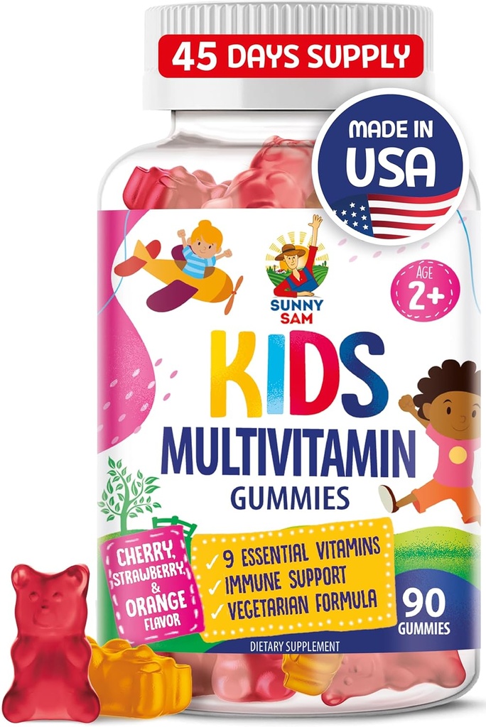 Kinder Multivitamin-Gummien - 90 Kaubare Vitamine - Tägliche Ergänzung mit 14 essentiellen Vitaminen für Alter 2 und oben - Inklusive Vitamin A, C, D, E, Vegetarische B6 und B12, Zink, Biotin