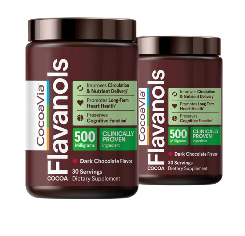 CocoaVia Cocoa Flavanols 500mg - Herz- und Gehirnunterstützung, Kakaoextrakt mit hohem Flavanolgehalt, steigert Stickstoffmonoxid, Blutzirkulation und Gedächtnis, Preworkout, Vegan, glutenfrei, dunkle Schokolade, 60-Tage