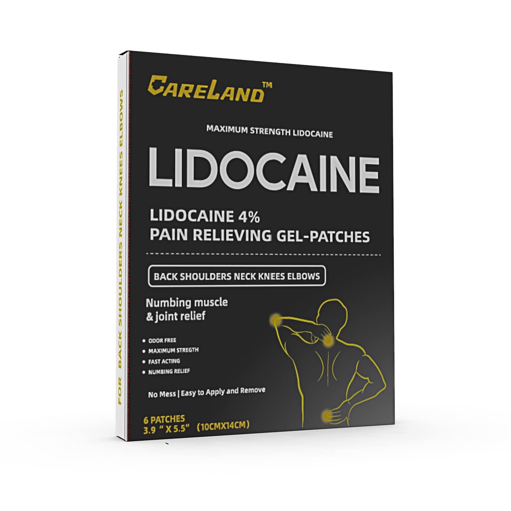 CARELAND 4% Lidocaine Gel Patch, 6 Count | Maximum Strength Pain Patches für Muskelentlastung in Neck Knie Rücken und Schultern | Unscented Numbing Patch für beruhigende Nerven, Gelenke