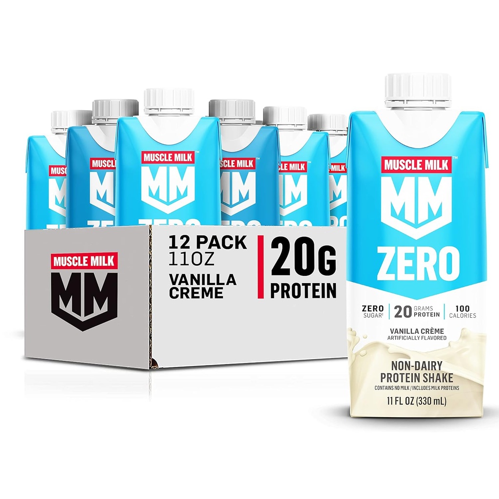 Muscle Milk Zero Protein Shake, Vanilla Crème, 11 Fl Oz Carton, 12 Pack, 20g Protein, Zero Sugar, 100 Calories, Calcium, Vitamine A, C & D, 4g Fiber, Energizing Snack, Packaging May Vary,12 Count (Pack 1)