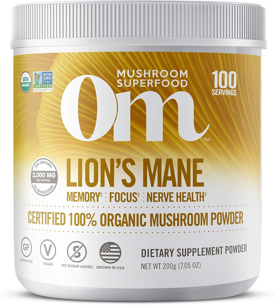 Om Bio Pilz Ernährung Lion's Mane: Gedächtnis, Fokus, Nerve Gesundheit, 100 Portionen, 7.14 Unze, 200 Gramm