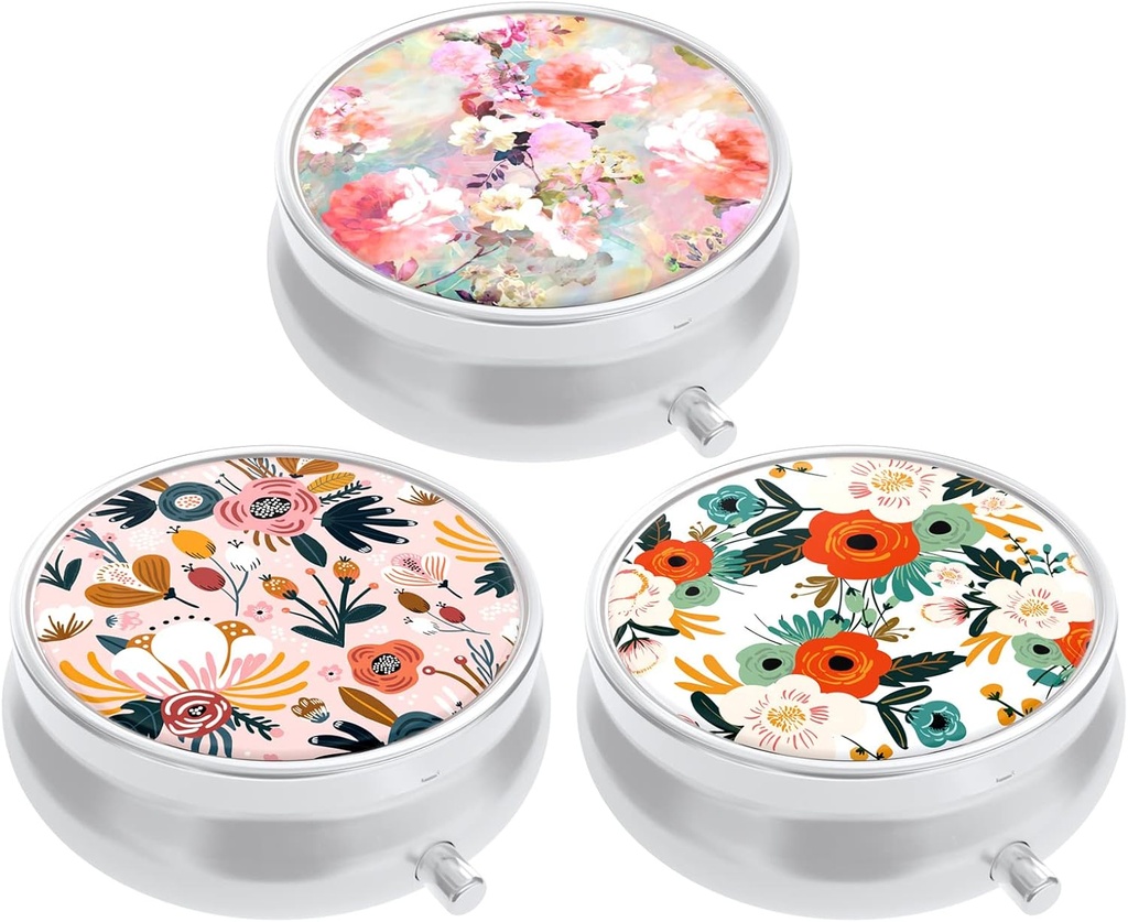 3 Pack Pille Box, Kleine Pille Fall für Geldbeutel & Tasche, niedliche Reise Medizin Organizer, Tragbare Medizin Containerhalter, Vitamine, Medikamente, Fischöl & Beilage, Rosa weiße Blumen zu halten