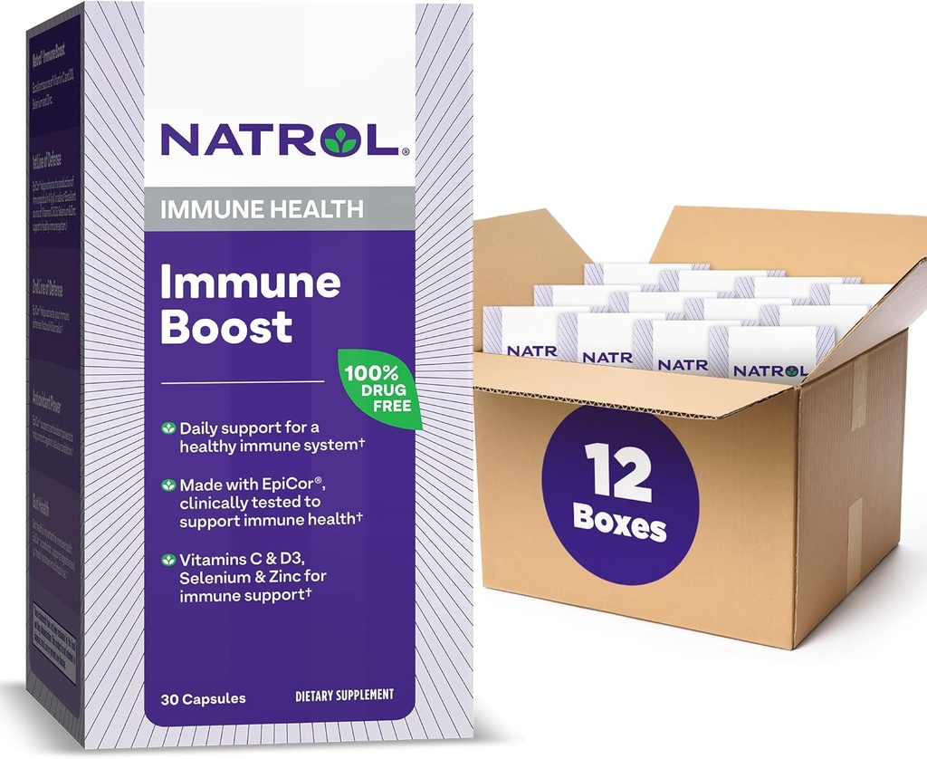 Natrol Immun Boost Kapseln, Immununterstützung, Hergestellt mit EpiCor klinisch getestet, umfasst Vitamine C, D3, Selen und Zink, 30 Count (Pack von 12)