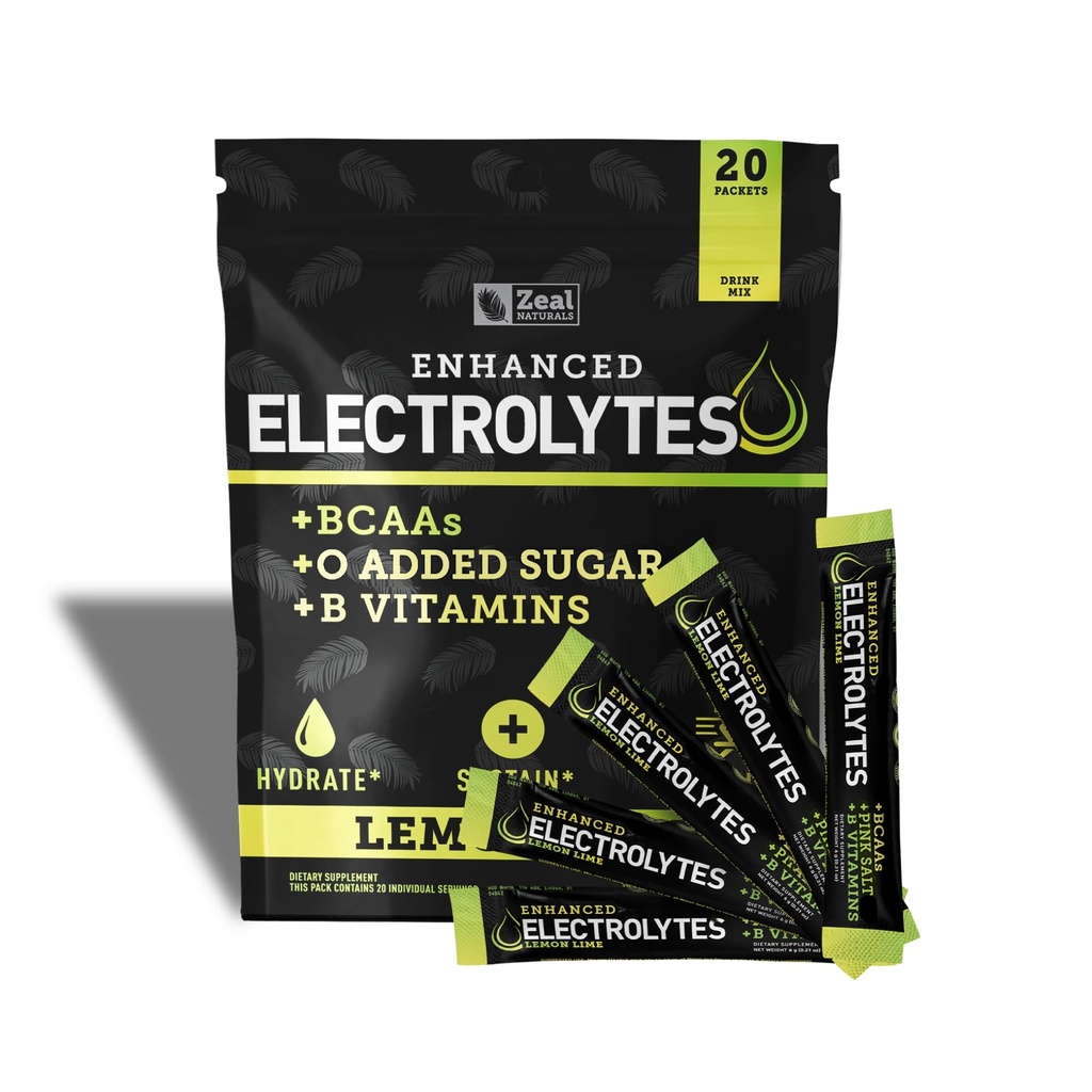 Verbesserte Elektrolyt-Pulver-Stick-Packs (Lemon Lime | 20 Pakete) w/ 0 Zucker + BCAAs +B-Vitamine Elektrolyt-Ergänzung mit Kalium Zink & Magnesium für Hydration - Keto Elektrolyte
