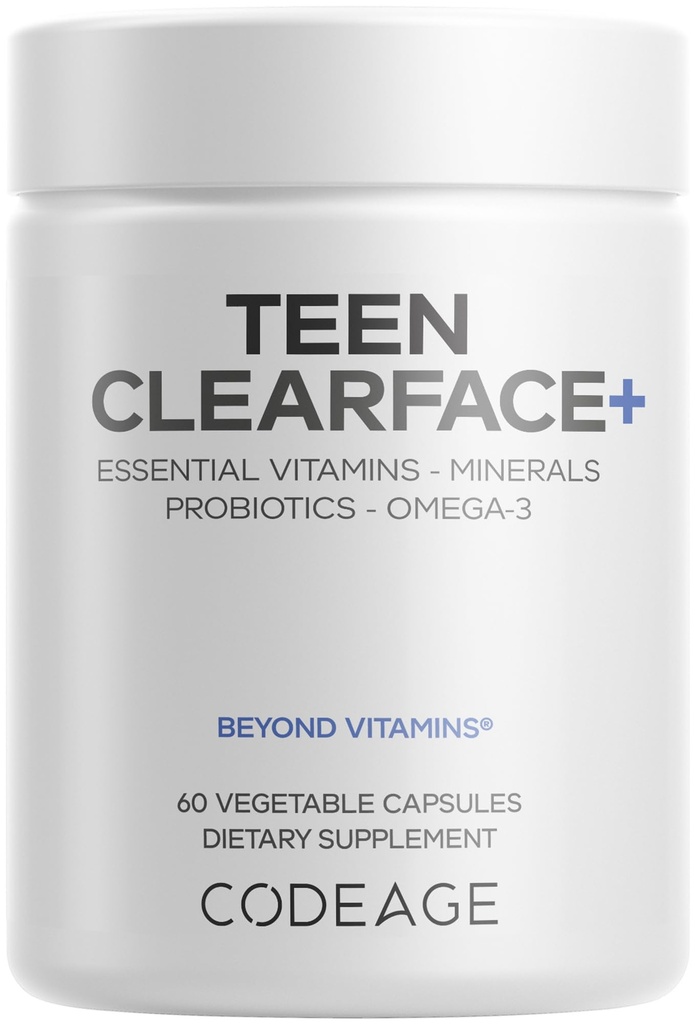 Codeage Teen Clearface Adolescent Face, Haut und Pimples, Vitamine A, C, D3, E, Pantothenic Acid, Niacin, Zink Supplement Jugendliche, Probiotics, L-Lysine, Omega-3, Ölige Haut, Poren, Spots - 60 Kapseln