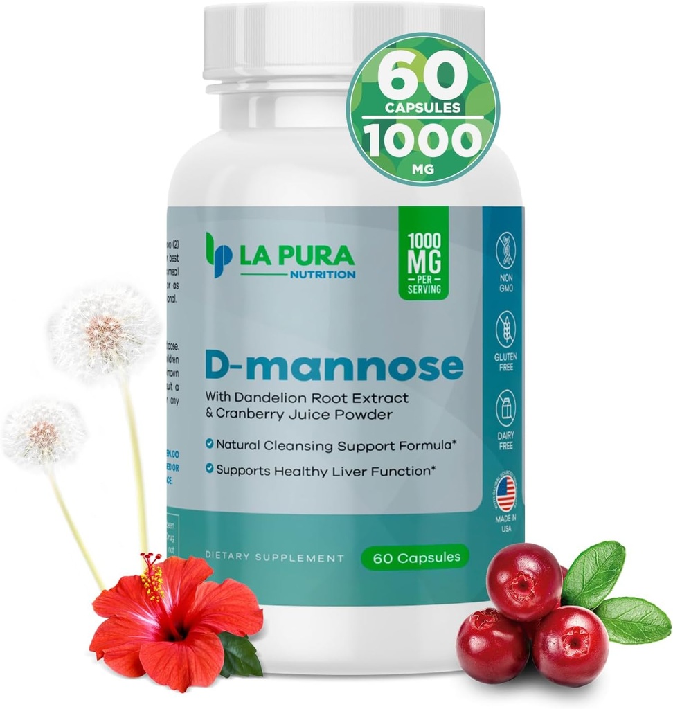 LaPura D-mannose 1000 mg Supplement mit Cranberry Juice Powder, Hibiscus Flower & Dandelion Kräuterextrakt, 60 Kapseln - Natürliche Reinigung Unterstützung, Gesunde Leber, Blase, Urinary Tract Funktion