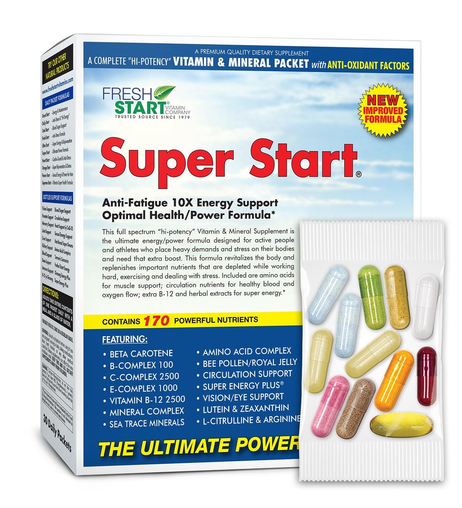 Super Start Complete Daily Vitamin Pack | 10X Energy & Stamina Booster, Muskelunterstützung | Vitamin A, B, C, D, E, B12, Mineralien, Aminosäuren, Bienen Pollen, Ashwagandha, Panax Ginseng (30 Packungen)