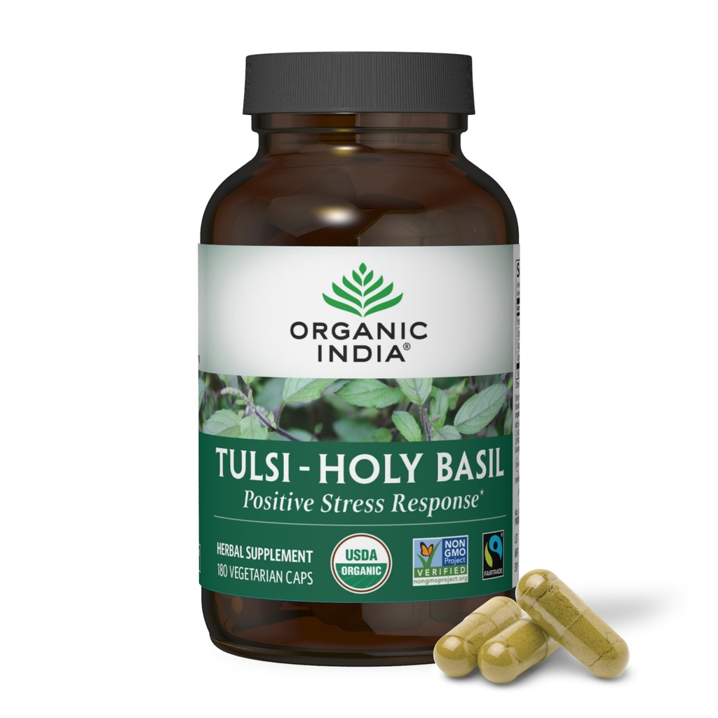 ORGANIC INDIA Tulsi Holy Basil Capsules - Holy Basil Extract, Kräuterergänzung, Immununterstützung, Stress Relief, Vegan, Glutenfrei, Kosher, Organic, Non-GMO - 180 Kapseln