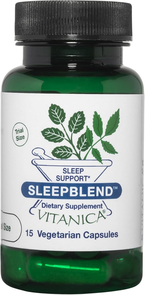 Vitanica SleepBlend - Schlaf- und Entspannungsunterstützung für Damen - Kräuterergänzungen mit Melatonin, Valerian Root, Vitamin B2 & B12 & Magnesium - Pro Logo - 15 Vegan Caps