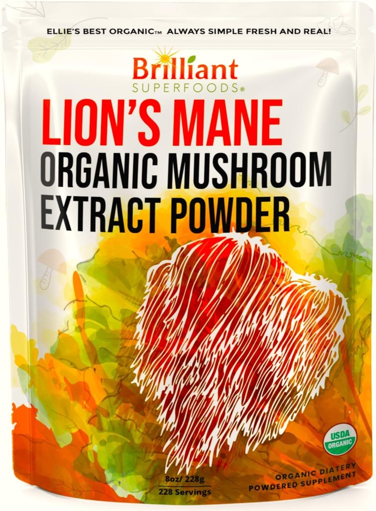 Ellie's beste Lions Mane Mushroom Extrakt Pulver Supplement Organic 228 Servierungen - Doppel extrahiert für höchste Potenz - löst in Kaffee, Tee, Saft etc. 8oz