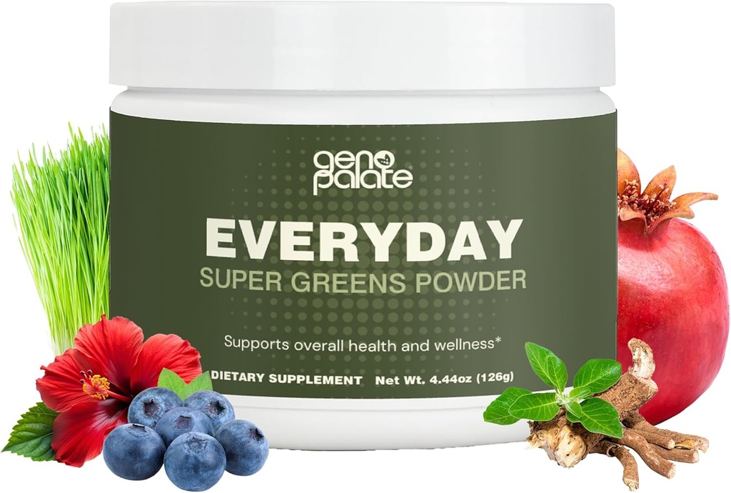 GenoPalate Jeden Tag Super Greens, Pflanzenbasierte Nährstoffe mit Gerste Grass, Spirulina, Turmeric & Probiotics, unterstützt Energie, Verdauung, Antioxidantien & Stress, Vegan, Glutenfrei, Non-GMO, 30 Servietten