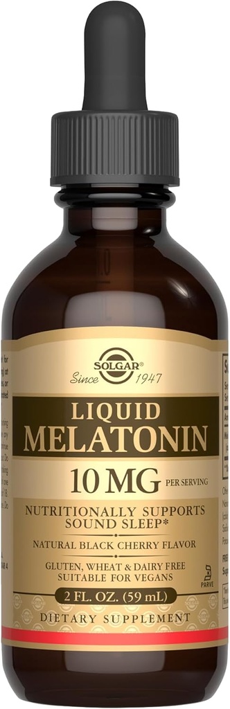 SOLGAR Liquid Melatonin 10 mg, natürliche schwarze Kirsche Flavor - 2 fl oz - Super für Jet Lag - Vegan, Gluten & Dairy Free, Kosher - 59 Servierungen