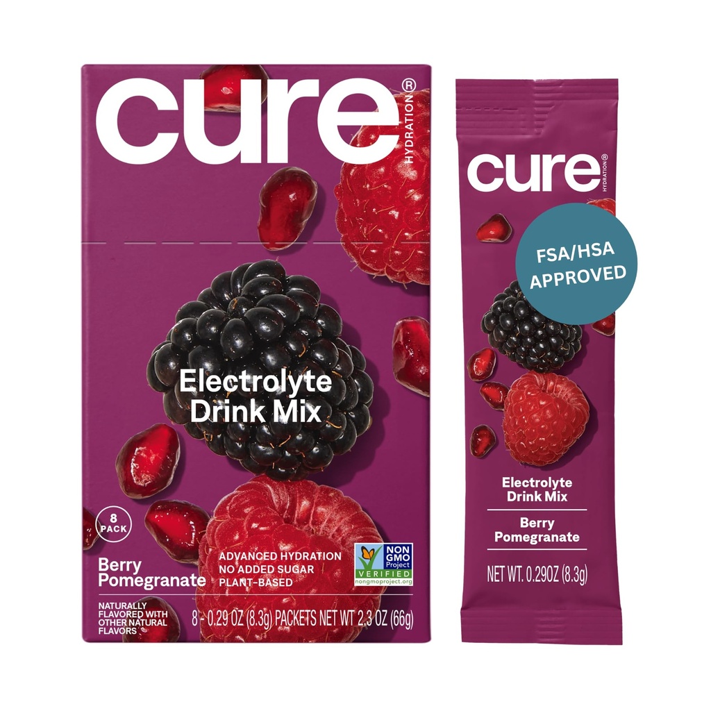 Cure Hydration | Pflanzenbasierte Elektrolyt-Getränk-Mix | Kein hinzugefügt Zucker | Dehydratation Relief Pulver mit Kokosnusswasser hergestellt | Non-GMO | Vegan | Box von 8 Packungen - Berry Pomegranate