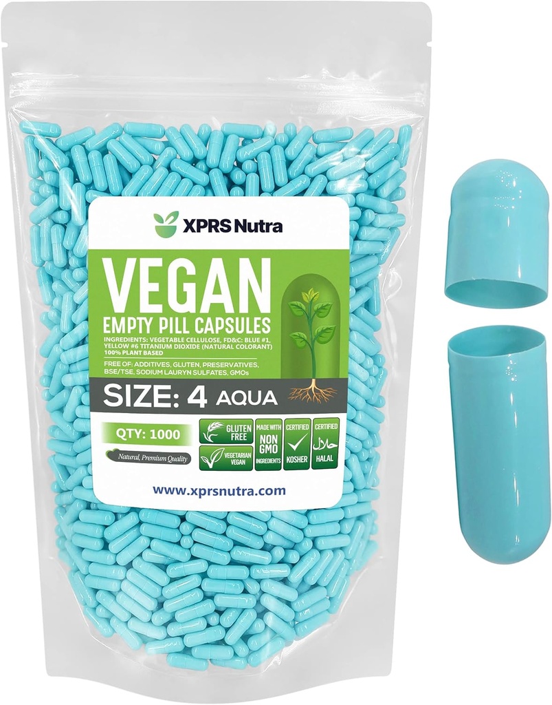 XPRS Nutra Größe 4 Leere Kapseln - 1000 Graf kleine leere Vegan Kapseln - DIY Gemüse Kapsel Füllung - Füllbare Do-It-Yourself Veggie Pillen Kapseln für Ergänzungen (Aqua)