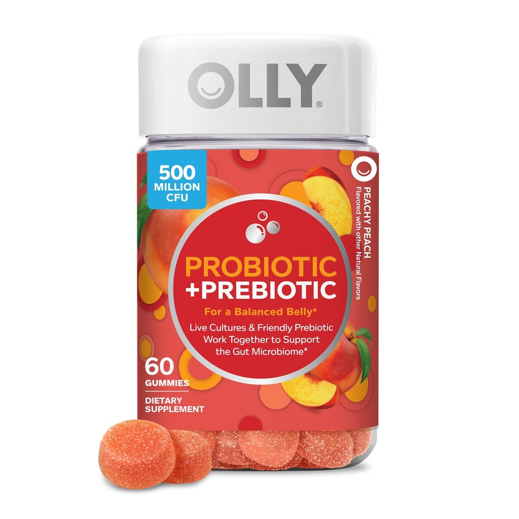 OLLY Probiotic + Prebiotic Gummy, Digestive Support and Gut Health, 500 Millionen CFUs, Fiber, Adult Chewable Supplement für Männer und Frauen, Peach, 60 Day Supply - 60 Count
