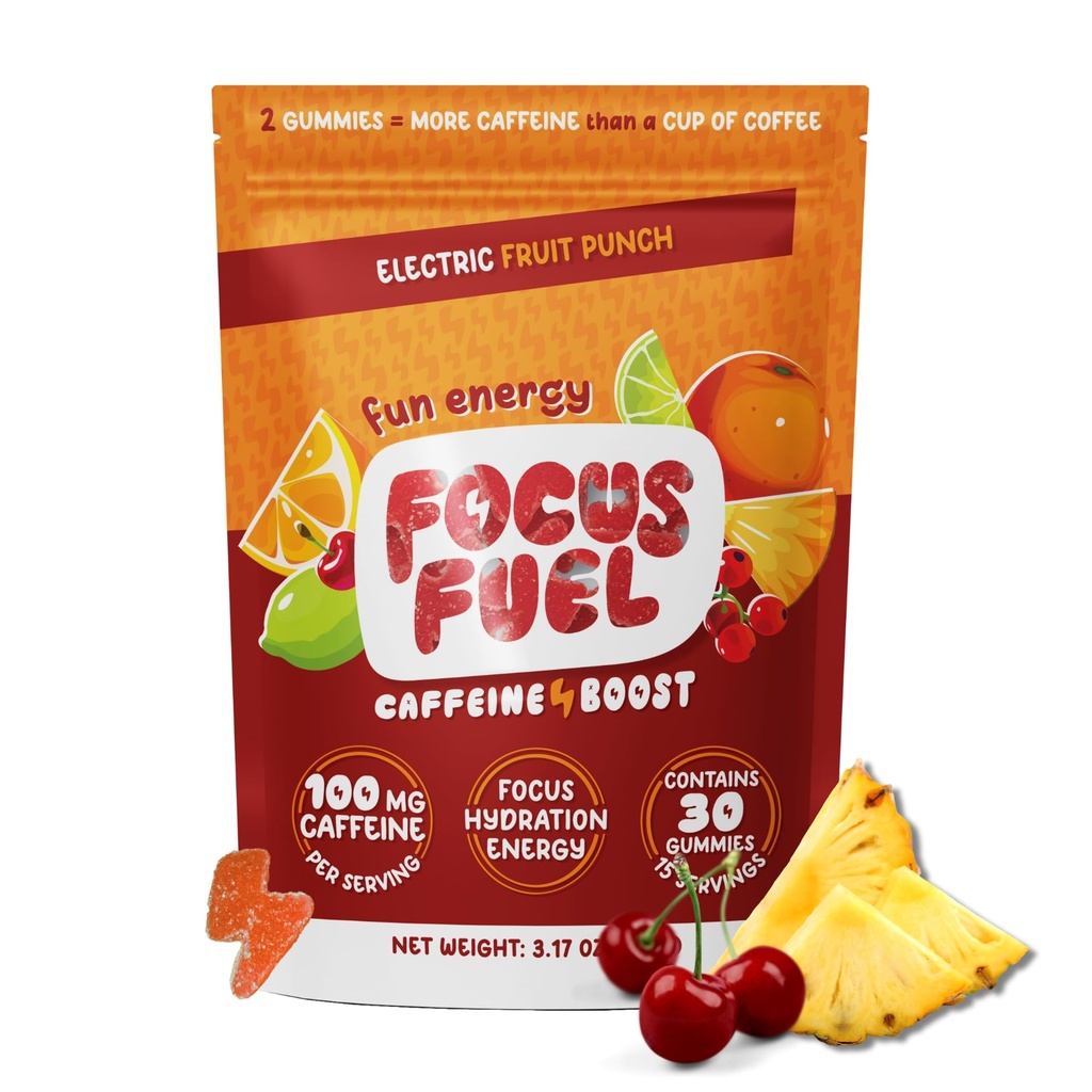 FocusFuel Energy Chews – Fruit Punch Flavor (15 Servierungen) – 100mg Koffein + L-Theanin + B12, Magnesium – Boost Focus & Energy – kein Crash oder Jitter