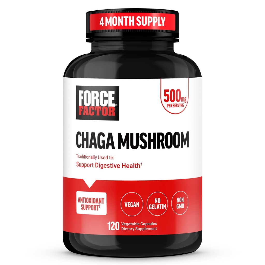 Force Factor Chaga Mushrooms Capsules | Mushroom Supplement to Support Gut Health & Digestion, Made from Real Mushrooms, Vegan, Non-GMO, 120 Capsules