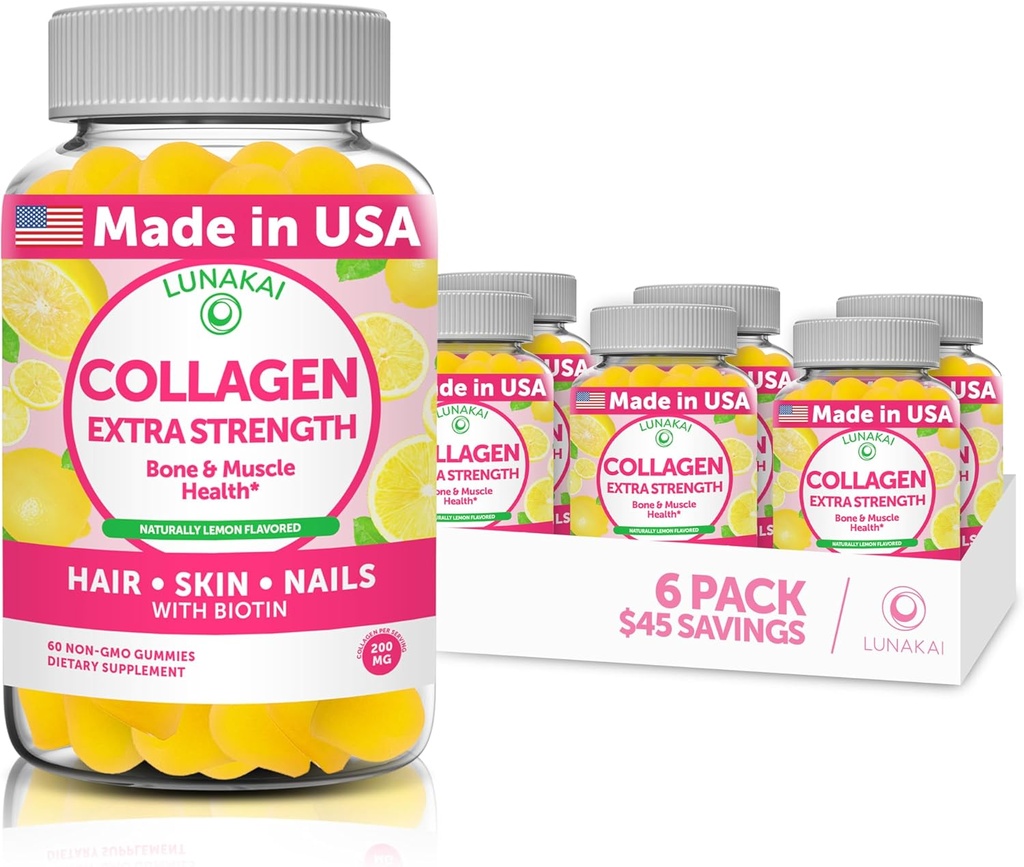 Lunakai Collagen Gummies - Tastiest proprietäre Formel - 200mg hydrolysierte Collagengummis für Frauen und Männer mit Biotin, Zink, Vitamin C und E - Non-GMO Anti Aging Supplement für Damen - 6 Pack