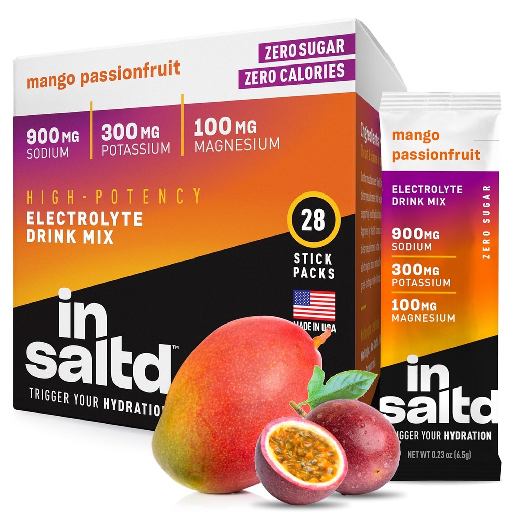INSALTDTM Sugar Free Electrolytes Powder Packets mit No Stevia Nachgeschmack | High-Potency Hydration Packets | Keto Electrolyte Drinks | Intermittent Fasting Drink Mix | 28 Pack (Mango Passionfruit)