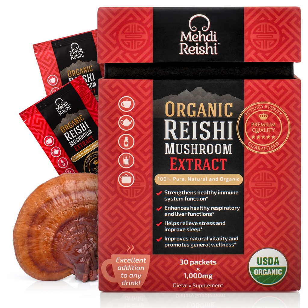 Bio Reishi Pilzextrakt Frucht-Body Pulver 35% Beta Glucan – 100% rein, Premium und Bio –30 Servierungen–Ganoderma Lucidum, Lingzhi, Tee
