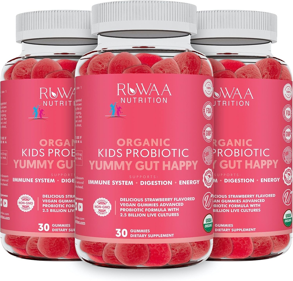 Kid Probiotic Gummies für Verdauungs-Gesundheit, Chewable Daily Probiotic für Kinder Alter 4+. Oral Care, Bauchstörung, Gut Health. Strawberry Flavor, USDA Organic, Probiotika für Kinder 90ct (3)