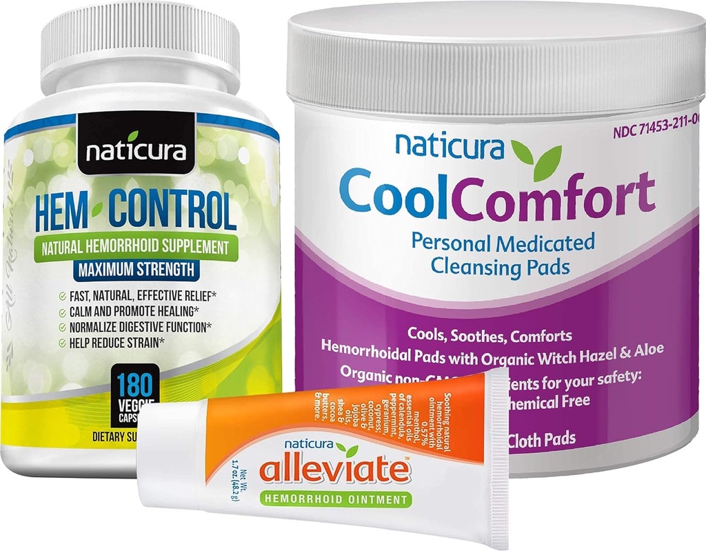 Bundle - Alleviate Natural Hemorrhoid Relief Salbe, Hem-Control Natural Hemorrhoid Supplement (180 Count) und CoolComfort Personal Cleansing Pads (100 Count) - All-Natural, Fast Acting