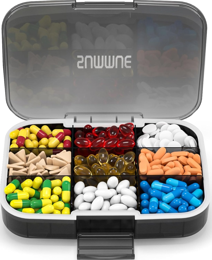 Große Pille Organizer, 9 Komponenten Portable Travel Pill Box Case Moisture Proof, XL Pill Container Halter für Vitamine, Cod Liver Öl, Ergänzungen, Medikamente (Schwarz)