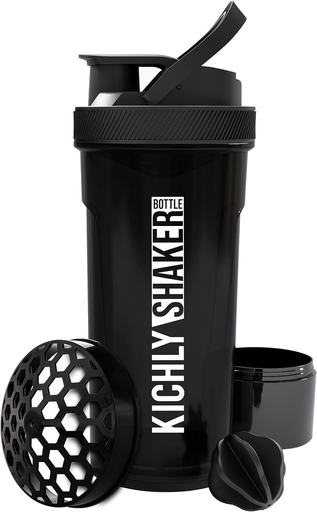KICHLY Shaker Bottle 1 Pack - 24 Ounce Plastic Protein Shaker Bottle für Pre & Post Workout mit Twist & Lock Protein Box Storage (Schwarz)