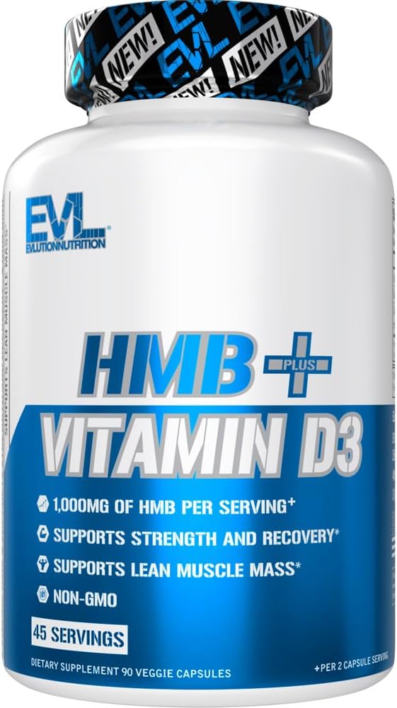 Evlution Nutrition HMB + Vitamin D3 - Unterstützt Muskelkraft & Lean Muskelmasse - Workout Recovery - 1000mg HMB pro Servierung - Non-GMO - Nahrungsergänzung - 45 Servietten - 90 Veggie Kapseln