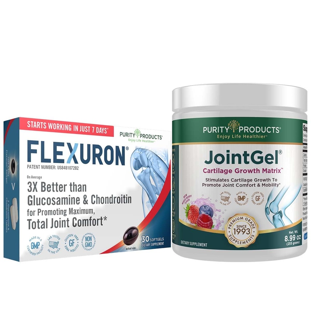 Purity Products Flexuron Joint Formula + Joint Gel Flexuron (Krillöl, geringe Molmasse Hyaluronsäure, Astaxanthin) - Joint Gel Berry Powder (Bioactive Collagen Peptids + MSM)