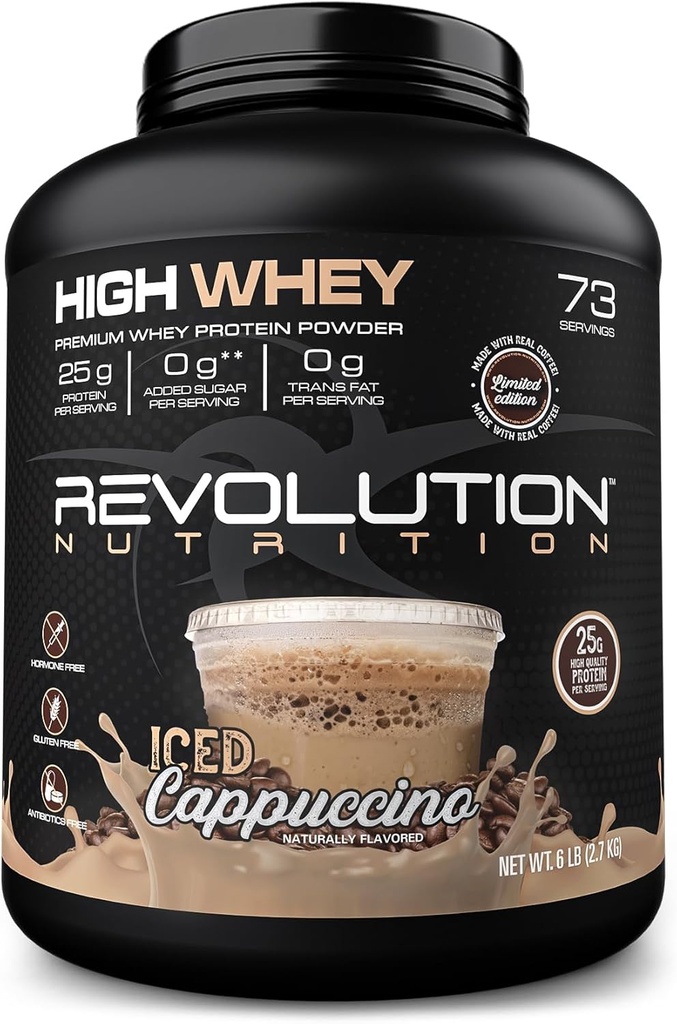 Revolution Nutrition, High Whey, Protein Powder 6LB, Whey Isolate, Glutenfrei, Lean Muskelmasse für Männer & Frauen, 25g Protein Per Scoop, 2.7kg, 73 Portionen (Iced Cappuccino, 6 Pound)