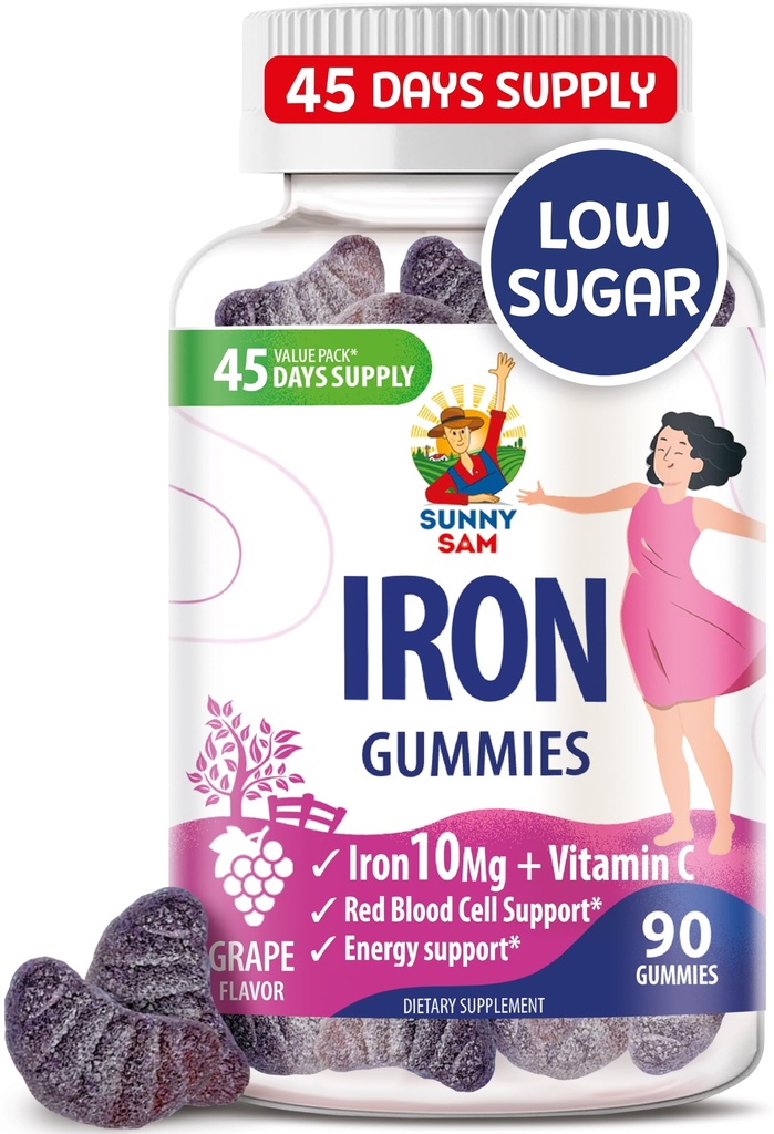 SUNNY SAM Eisengummis für Kinder & Erwachsene - Eisen Vitamine mit Vitamin C, 10mg pro Servierung - Kaubare Fruchtgummi für Immununterstützung Rote Blutzellenproduktion