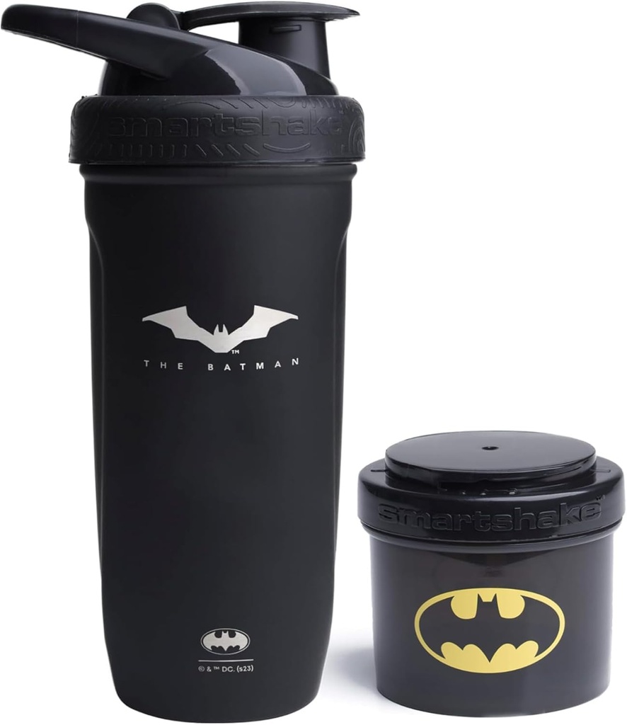 Smartshake DC Comic Bundle - Batman Protein Shaker Bottle – 900ml Lecksichere Edelstahl Shaker Bottle mit 200ml Protein Powder Storage Container