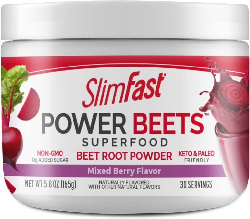 SlimFast Beet Root Powder, Beets Powder Superfood, Fermented Vegetable Drink Mix, Keto & Paleo Friendly, Non GMO, Great Smoothie Mix- Power Beets Mixed Berry Flavor- 30 Portionen (Pack von 1)