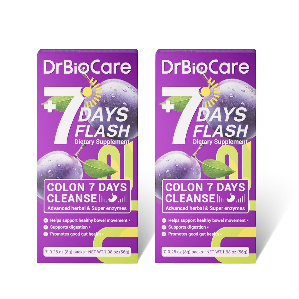 DrBioCare Colon 7 Days Cleanse, 7 Days Flash, Colon Cleanse, Detox & Digestive Support, Prune Flavor - 14 Packs