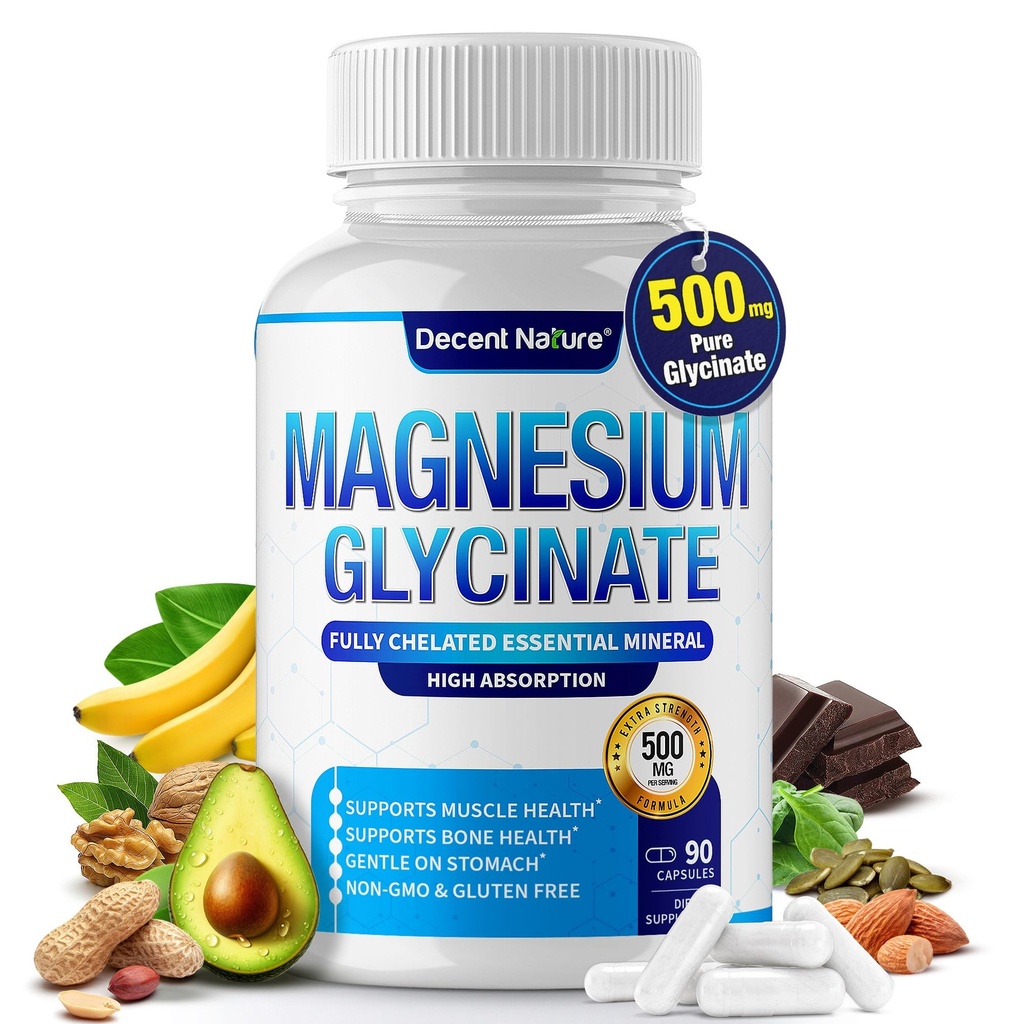 Magnesium Glycinate 500mg Magnesium Supplement - Chelat für hohe Absorption und Bioverfügbarkeit Unterstützung Schlaf, Muskeln, Knochen, Krebse, Erholung & Energie, Vegan Non-GMO 90 Kapseln